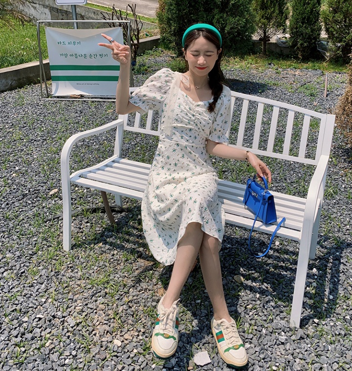 Short sleeve high waist Korean style long summer printing dress