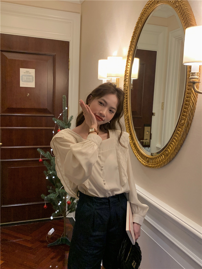 Embroidery Korean style splice lace long sleeve shirt