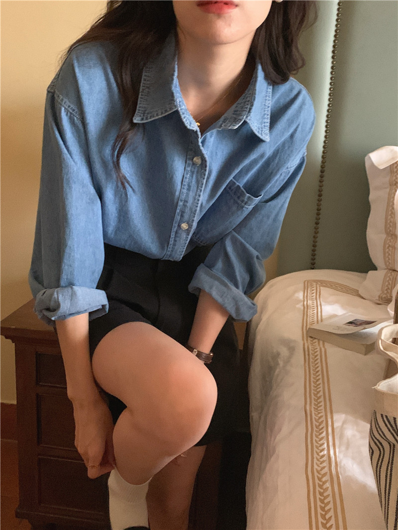 Long sleeve simple Korean style all-match denim shirt