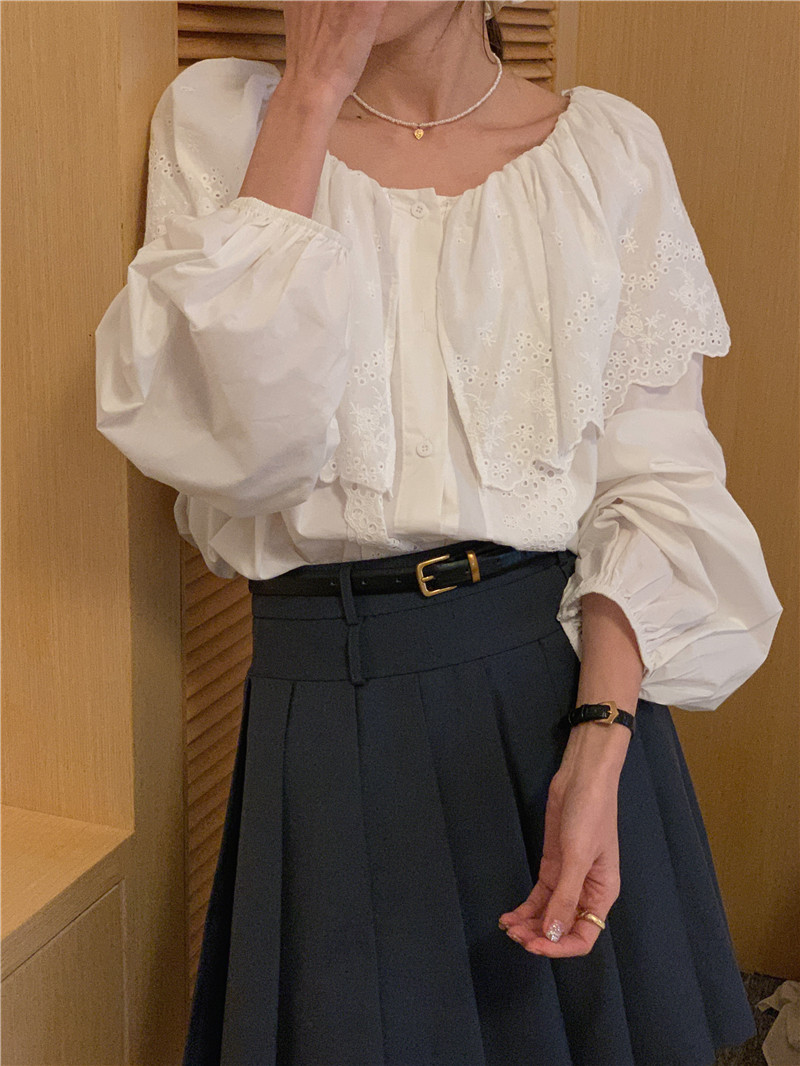 Flat shoulder long sleeve splice Korean style sweet shirt