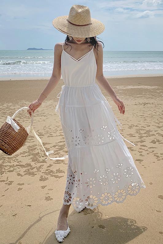 Embroidered summer vacation dress slim sling long dress