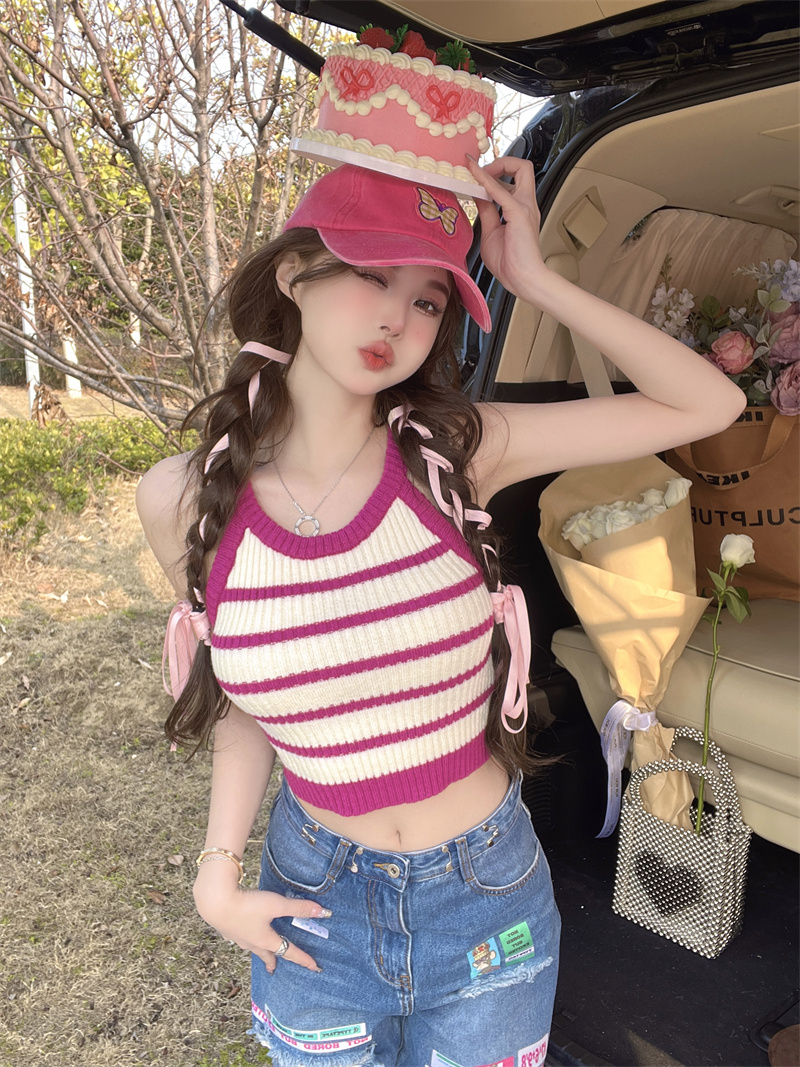 Pink slim spicegirl sexy tops sling stripe sleeveless vest