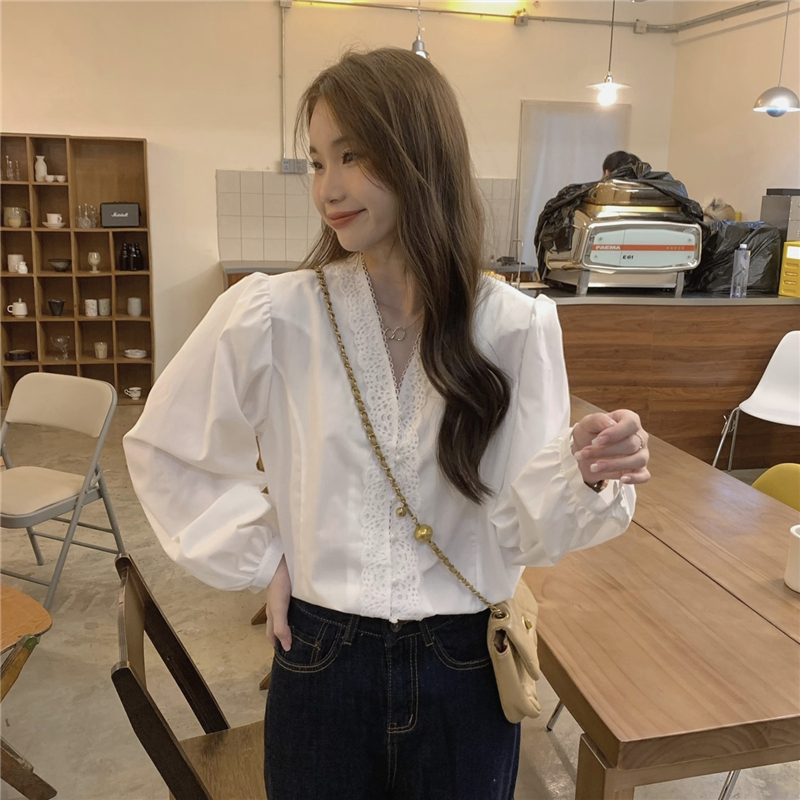 Korean style light shirt long sleeve lace tops for women