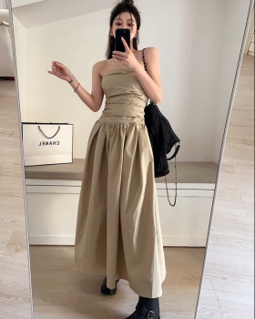Simple fashion long pinched waist elastic vacation dress