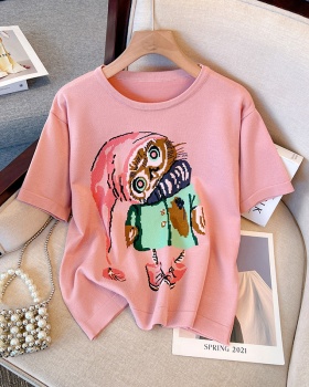 Ice silk knitted round neck fashion T-shirt for women