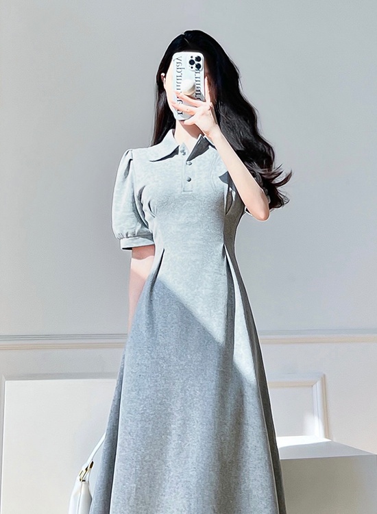 Long summer short sleeve France style slim light gray dress