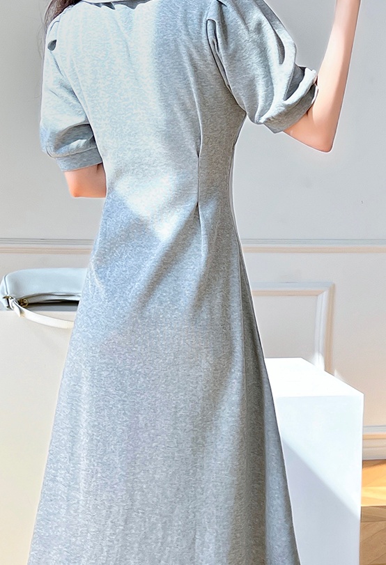 Long summer short sleeve France style slim light gray dress