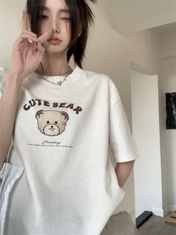 Cubs pullover spring and summer white loose round neck T-shirt