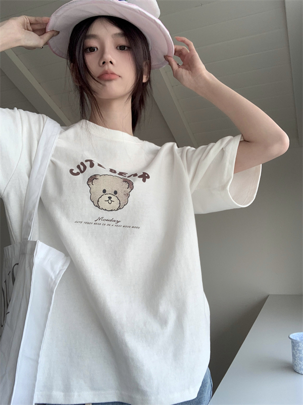 Cubs pullover spring and summer white loose round neck T-shirt