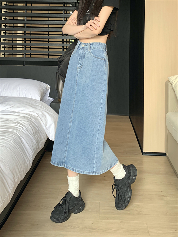 Slim long retro denim split spring high waist skirt for women