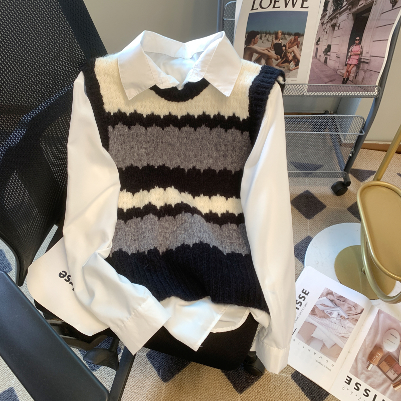 Plaid waistcoat spring and autumn sweater 2pcs set