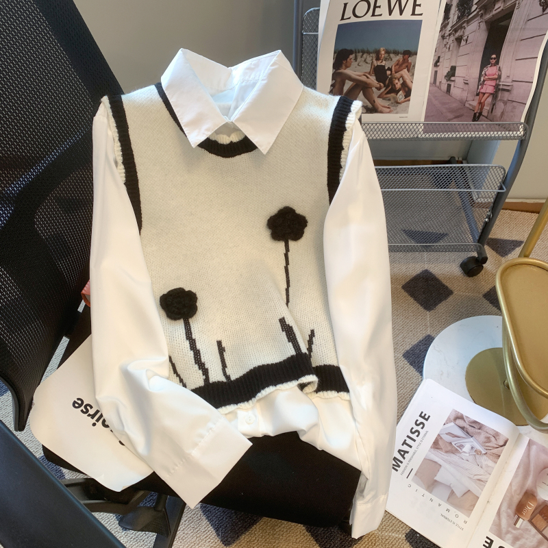 Knitted shirt V-neck waistcoat 2pcs set for women