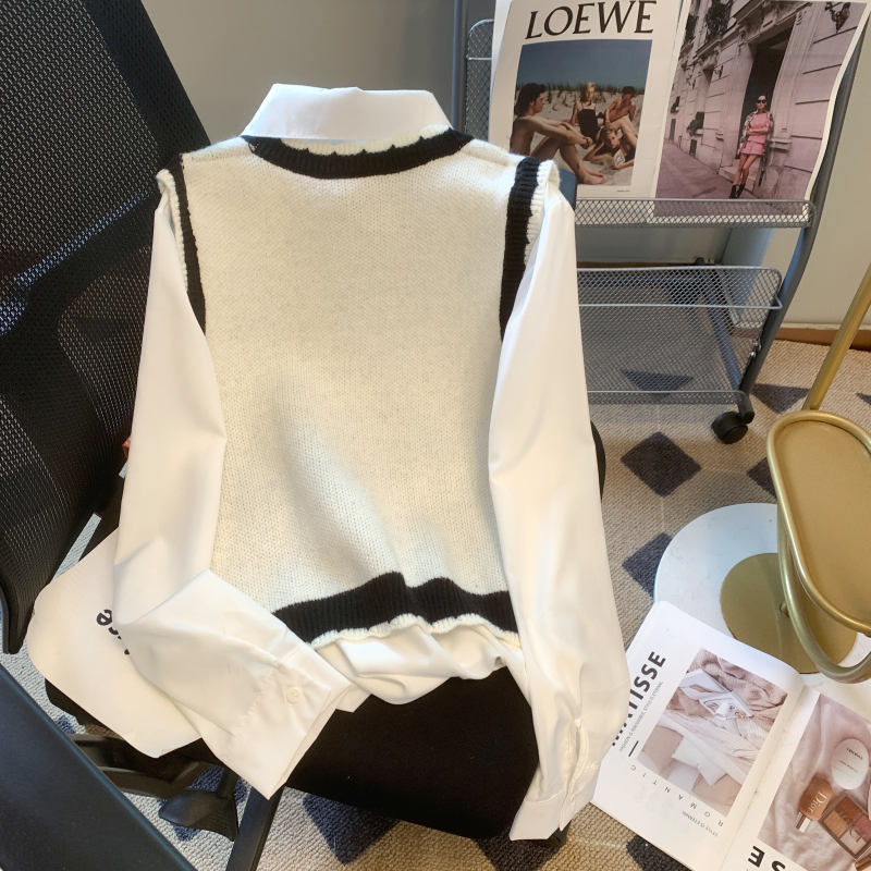 Knitted shirt V-neck waistcoat 2pcs set for women