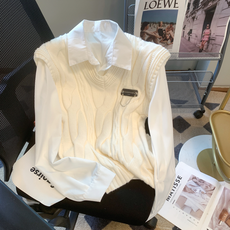 Sleeveless spring vest loose V-neck shirt 2pcs set for women