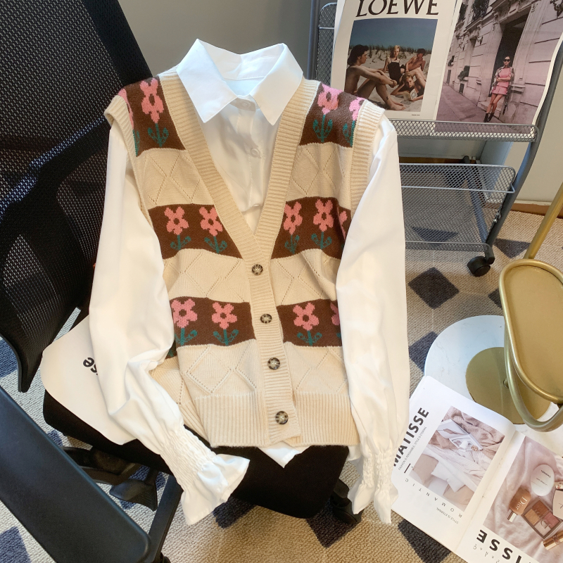Japanese style waistcoat flowers sweater 2pcs set