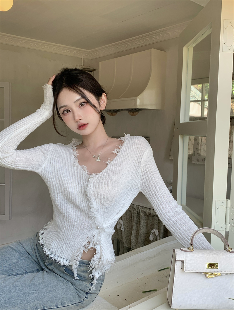 Burr spring V-neck cardigan pinched waist knitted tops