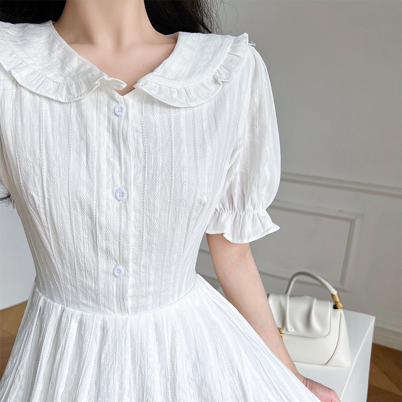 Long temperament white pinched waist jacquard summer dress