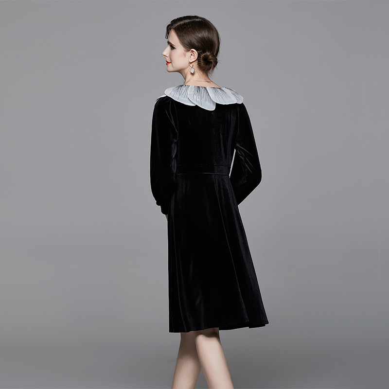 Lapel high waist long sleeve France style dress for women