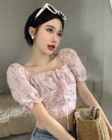 Short square collar floral puff sleeve tops