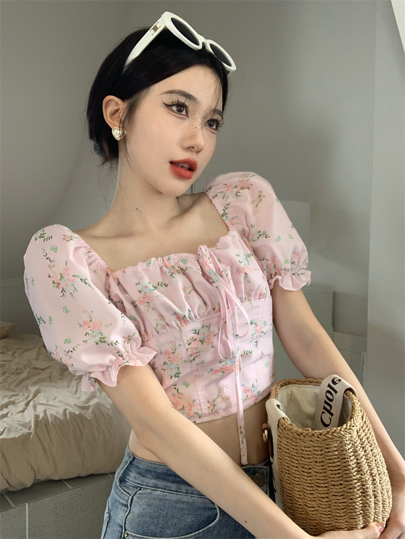 Short square collar floral puff sleeve tops