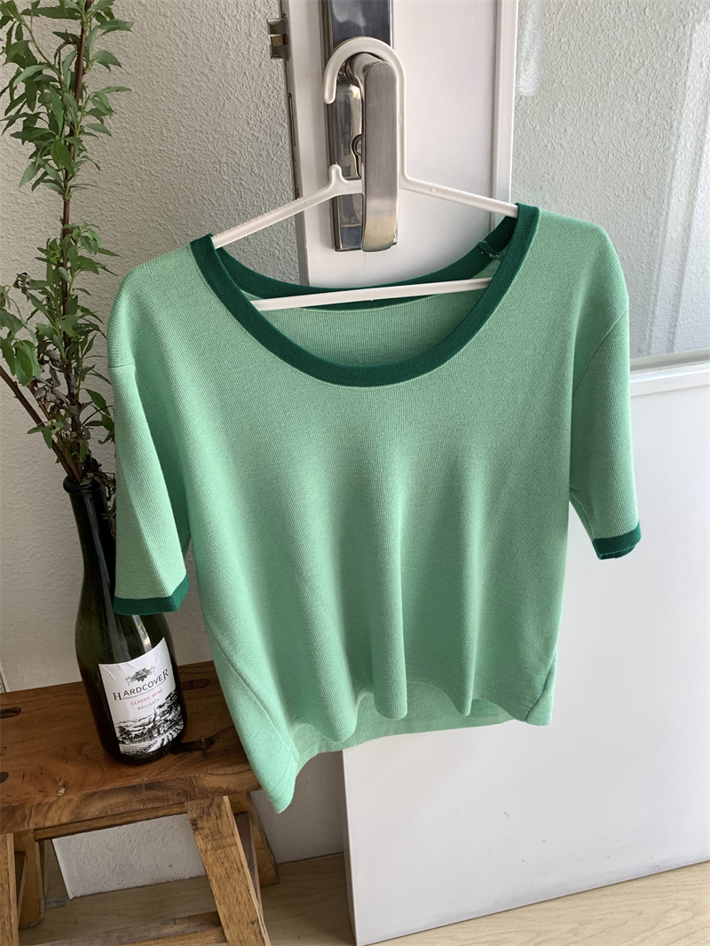 Knitted round neck mixed colors fresh Casual T-shirt