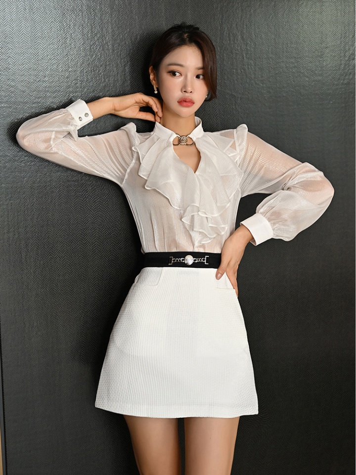 Puff sleeve short skirt cstand collar shirt 2pcs set