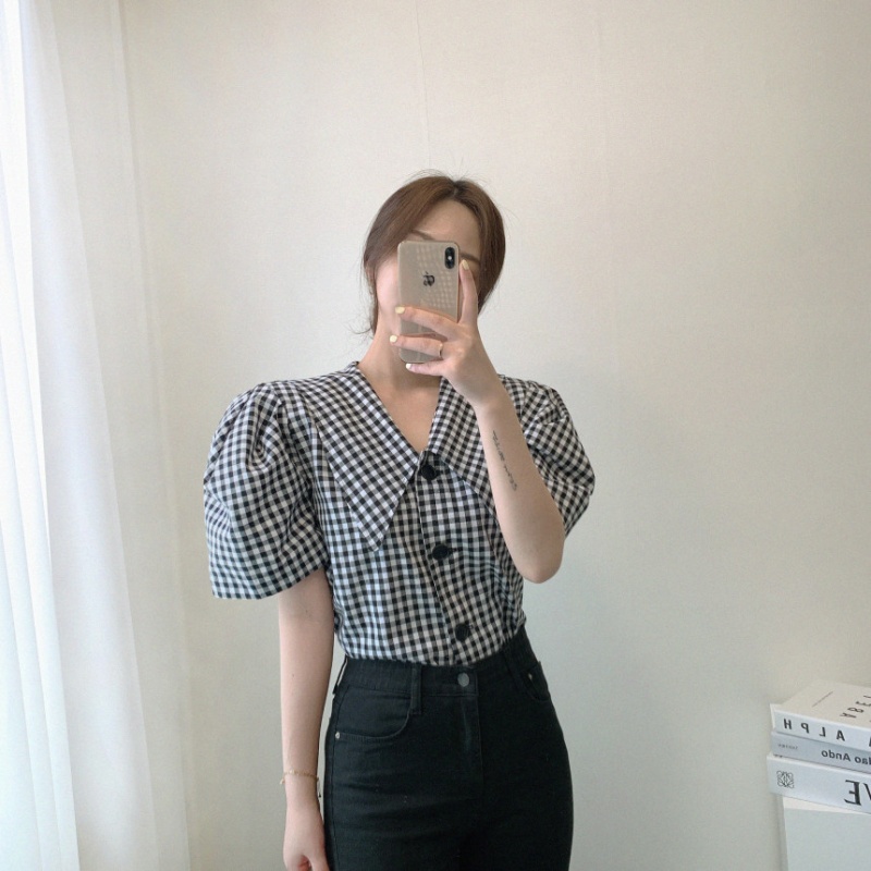 Korean style puff sleeve shirt single-breasted tops for women