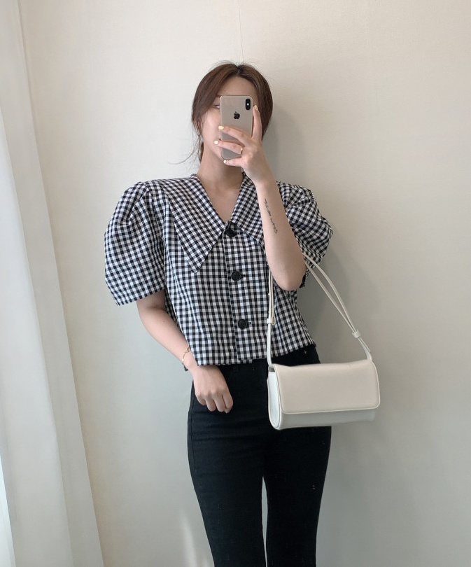 Korean style puff sleeve shirt single-breasted tops for women