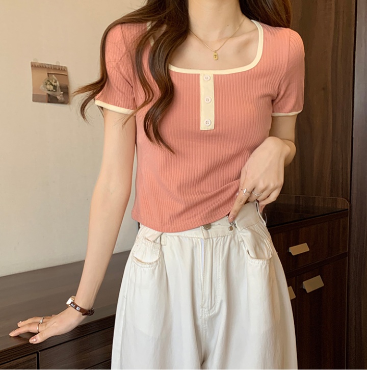 Square collar tops tight T-shirt for women