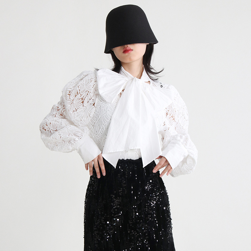 Spring hollow lace shirts ladies bow tops for women