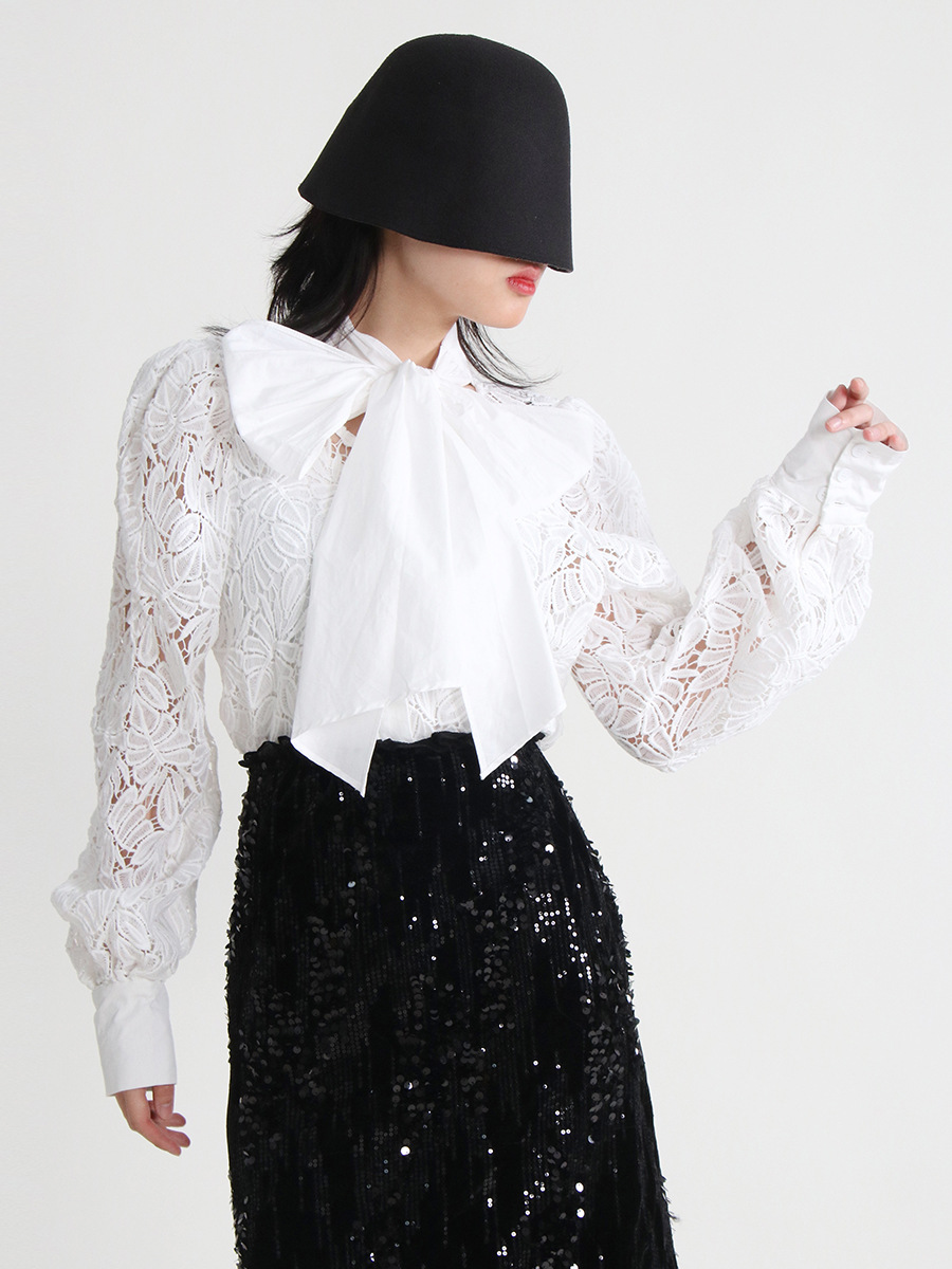 Spring hollow lace shirts ladies bow tops for women