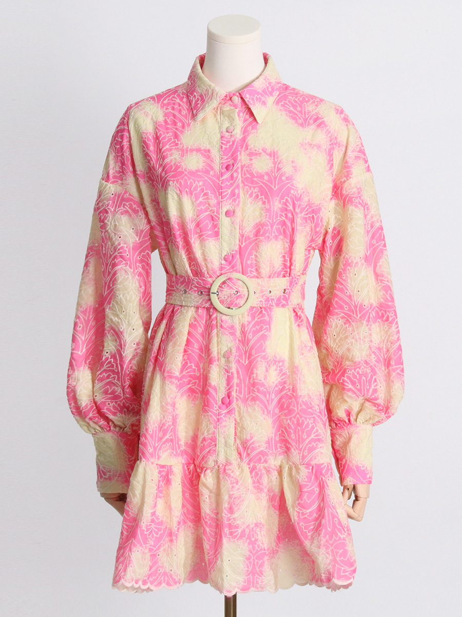 Short pink spring belt long sleeve fresh dress for women