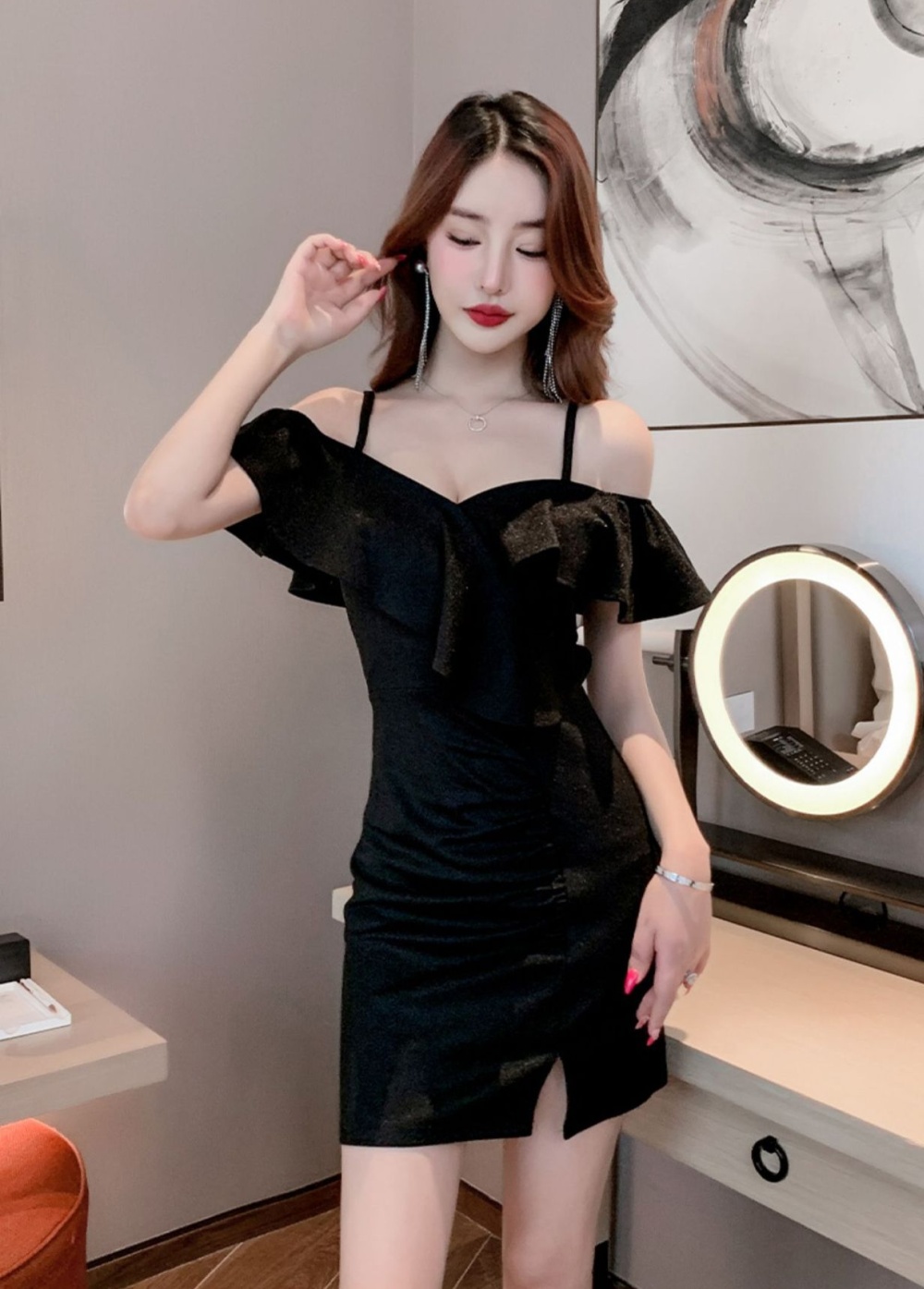 Sexy flat shoulder package hip low-cut Cover belly dress