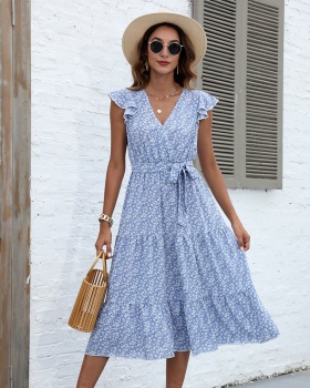 Spring and summer V-neck European style printing dress