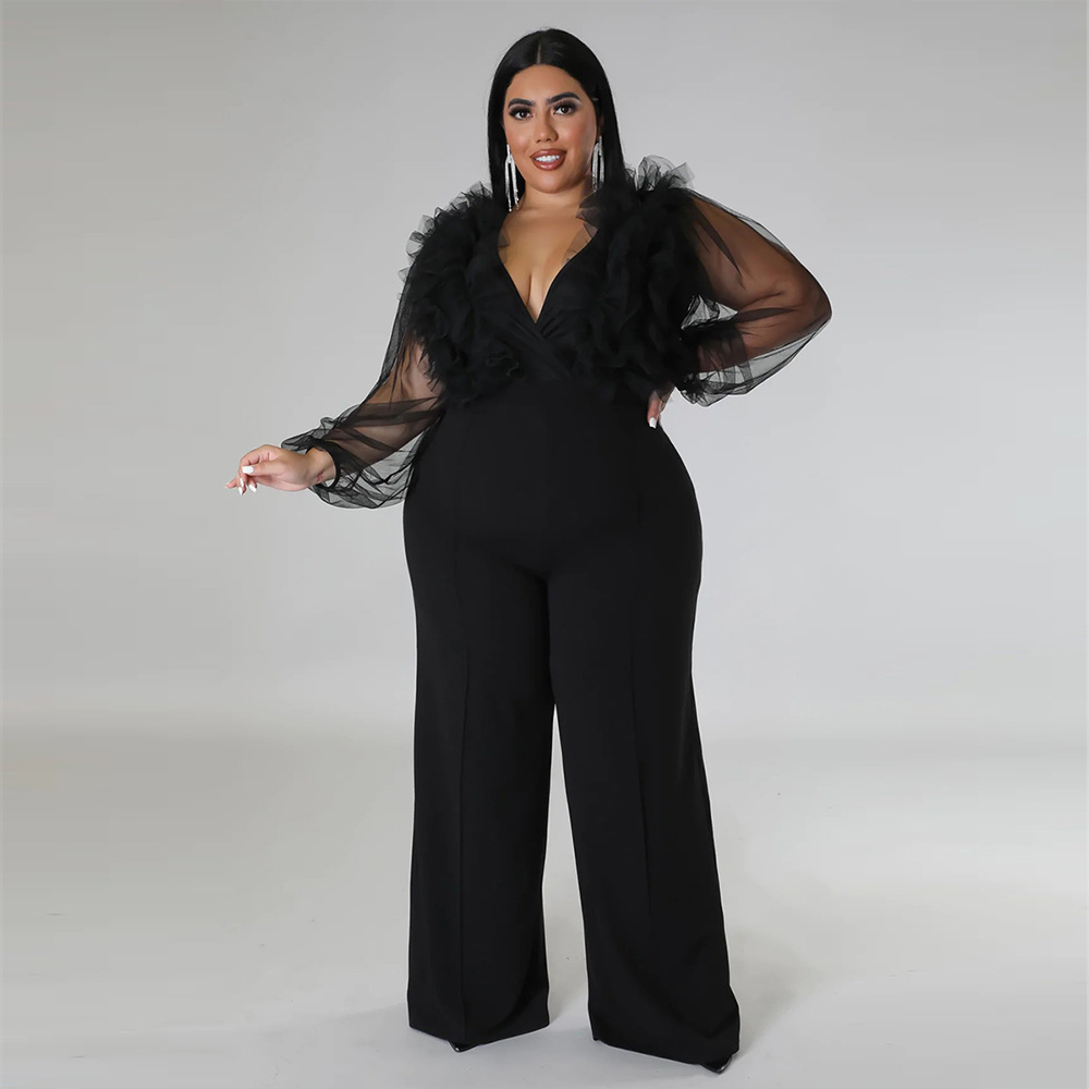 Long sleeve pure sexy V-neck large yard jumpsuit