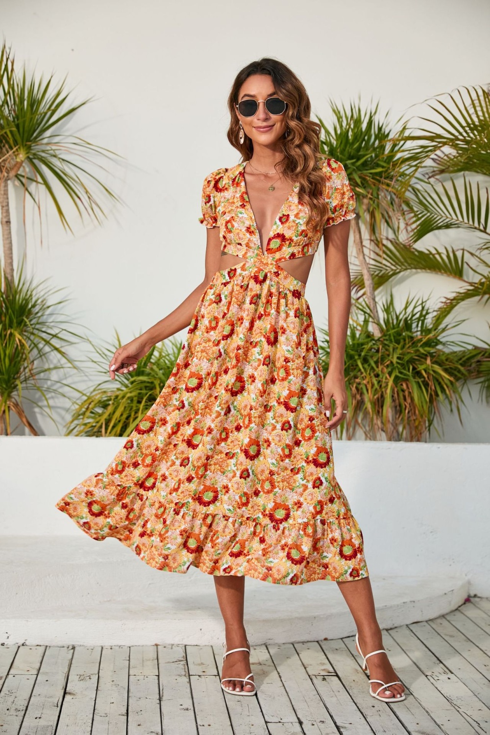 Halter V-neck dress printing long dress for women