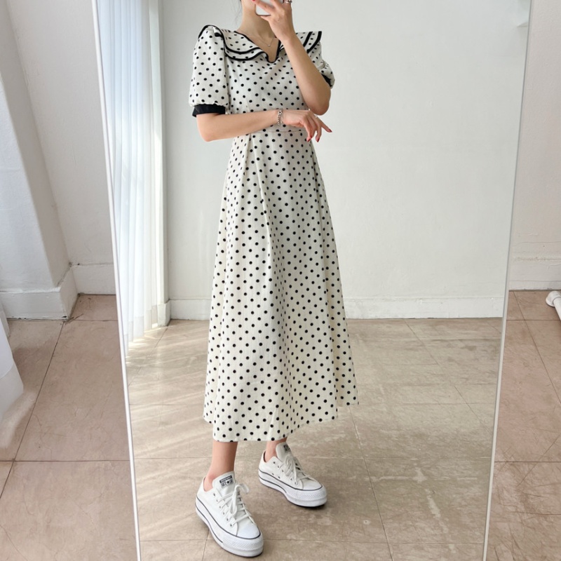 Large lapel polka dot double pinched waist summer dress