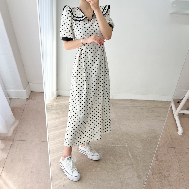 Large lapel polka dot double pinched waist summer dress