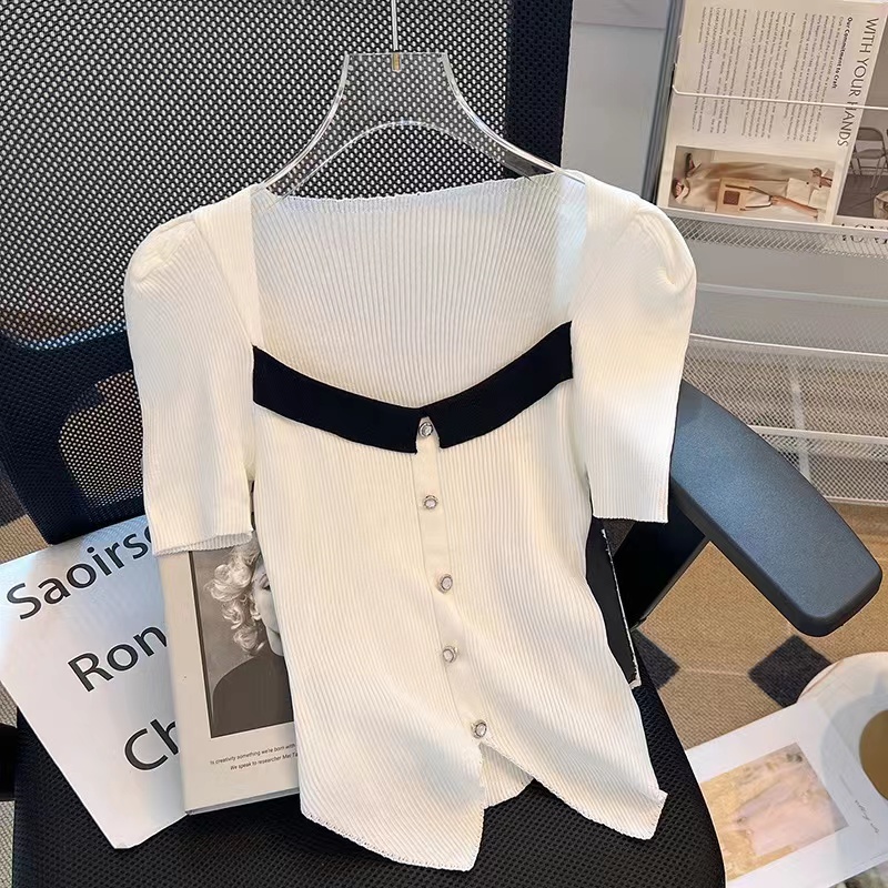Summer knitted square collar simple tops for women