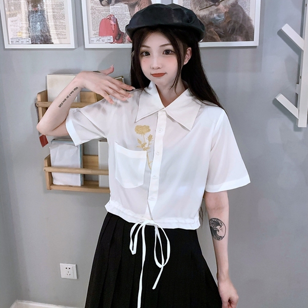 Bandage rose embroidery shirt summer short sleeve short tops