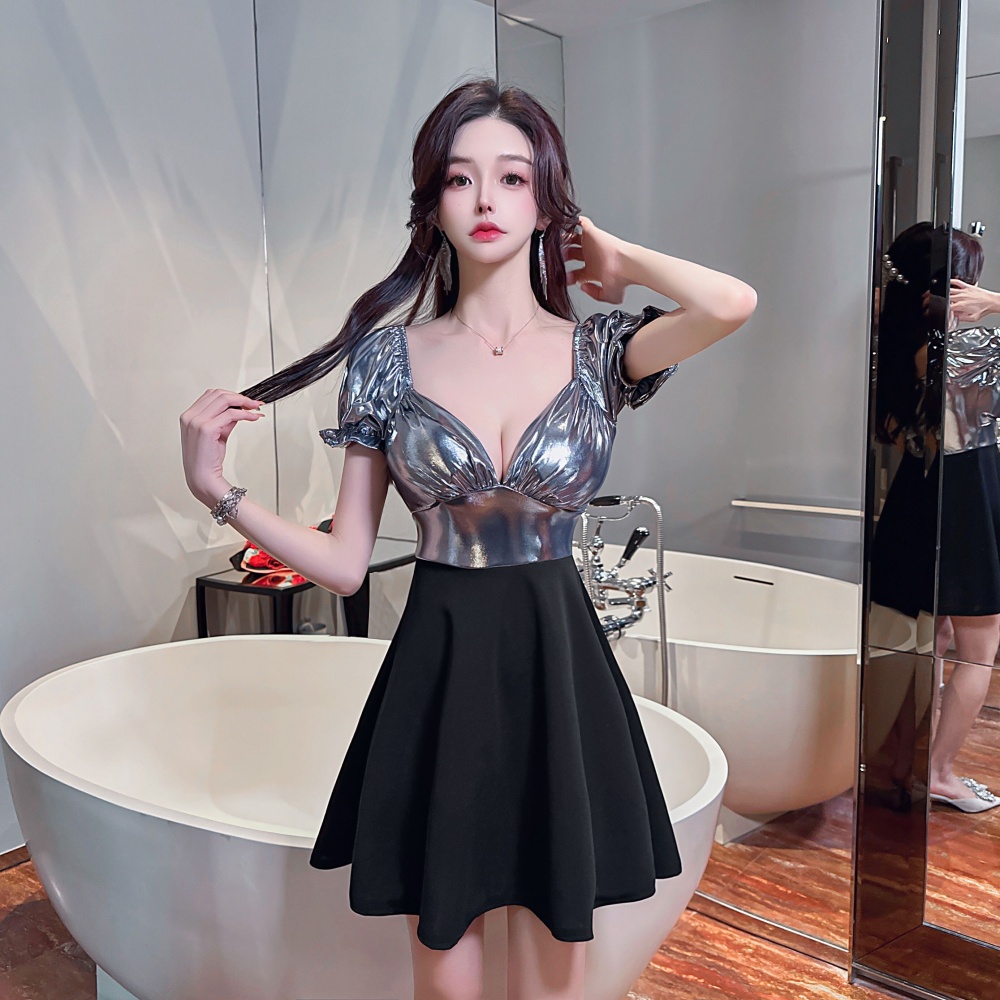 Puff sleeve sexy low-cut mixed colors big skirt dress