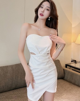 Sexy flat shoulder hollow wrapped chest dress