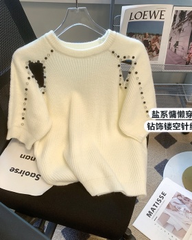 Spring rhinestone unique tops hollow knitted sweater
