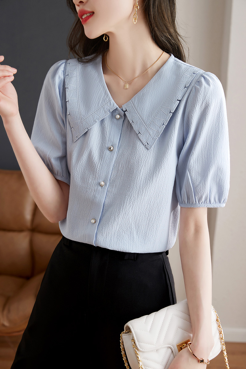 Lapel elegant embroidery cotton fashion puff sleeve shirt