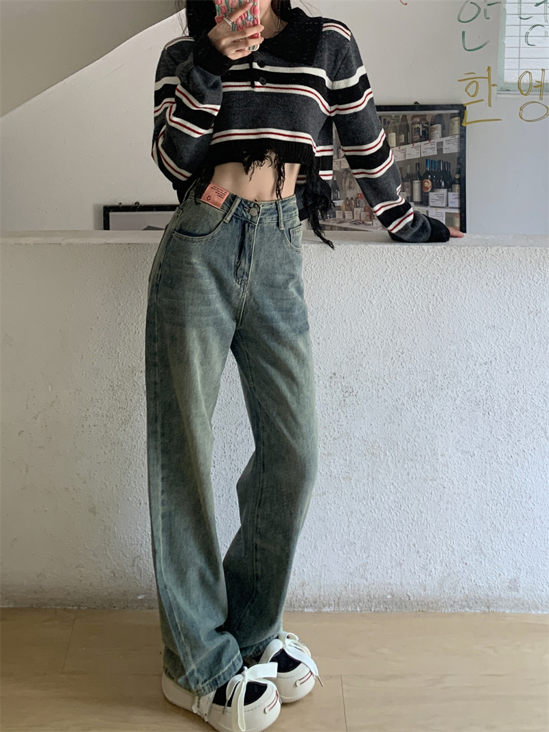 Mopping loose wide leg pants retro straight washed jeans