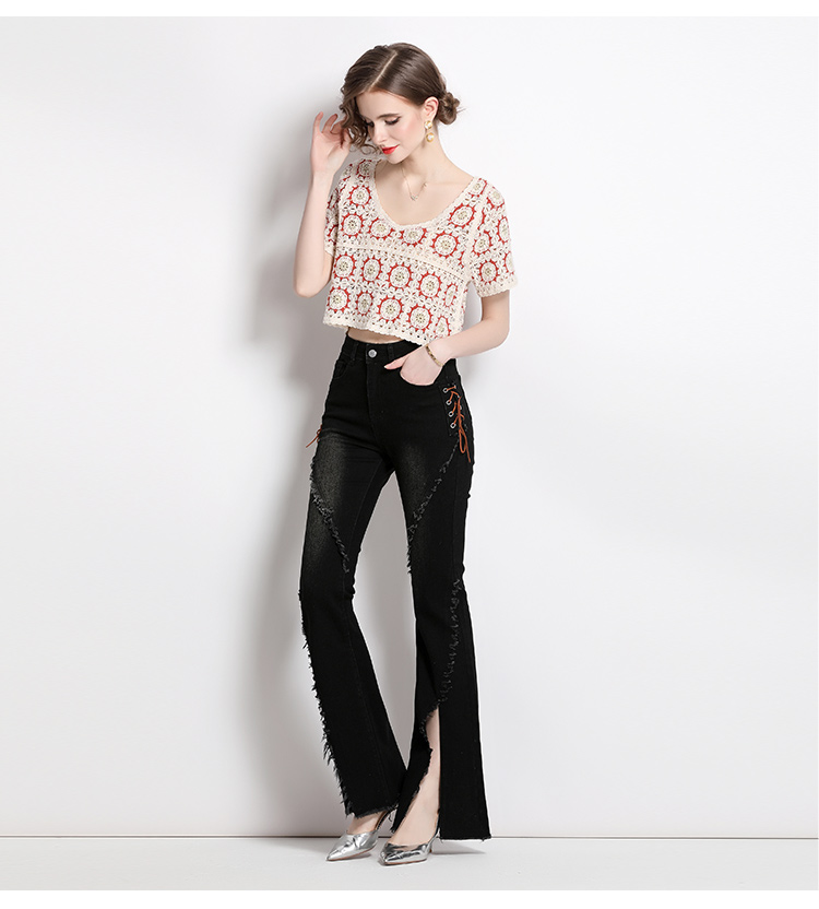 European style hollow knitted jeans 2pcs set