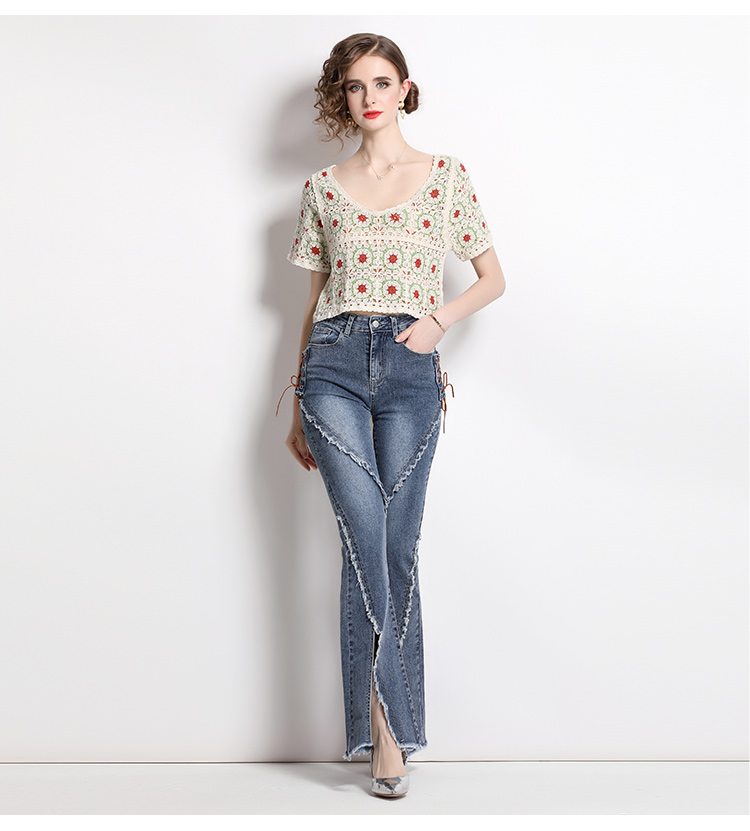 European style hollow knitted jeans 2pcs set