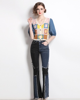 European style bubble jeans splice V-neck cardigan 2pcs set
