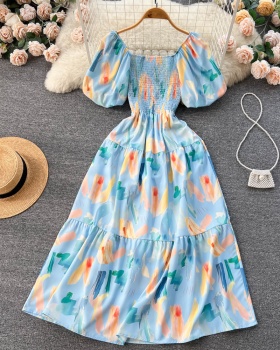 Lady summer dress square collar floral long dress