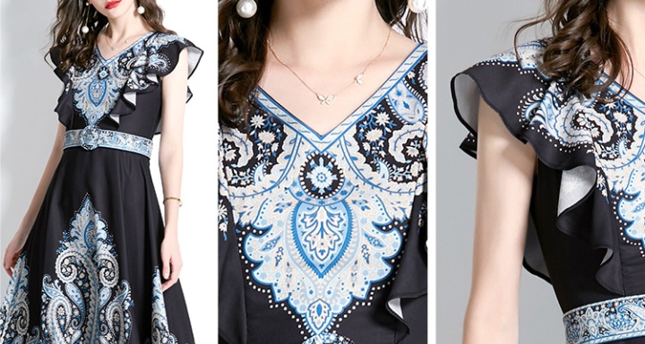 Summer V-neck long flax printing dress